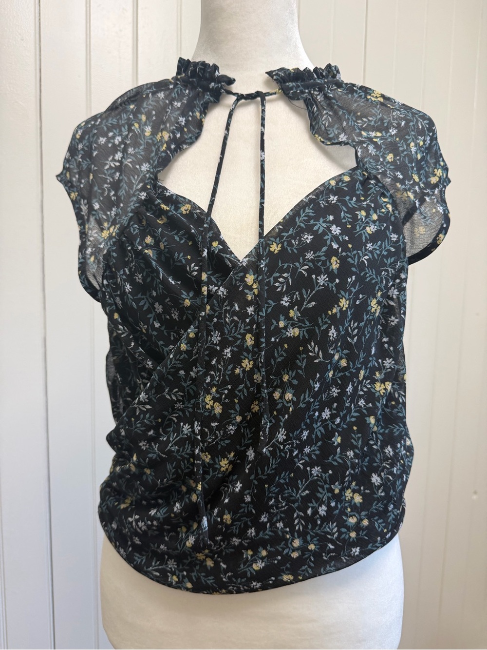 Free People Black Floral Tie-Neck Blouse